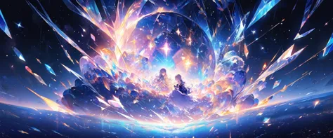 the crystal girl curled up in the center of the picture，surrounded by space and stardust