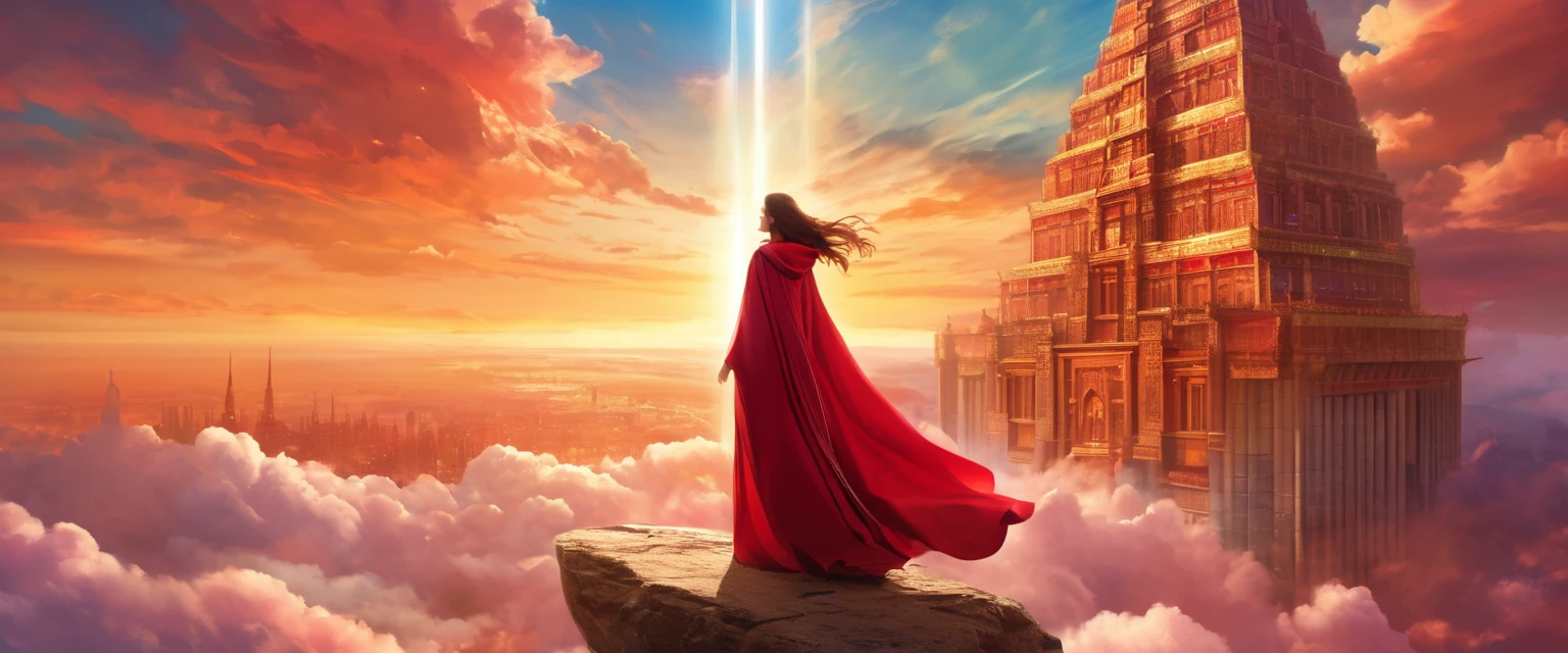 On the left or right side of the picture, the girl is wearing a crimson cloak made of a light material that flutters gently. She stands with a firm and confident gaze, as if she possesses endless power. Her attire highlights her grace and power, and the color of the cloak contrasts with the architecture of the miracle. In the distance behind the girl, a miracle towered high into the sky. The architectural form of these monuments could be magnificent temples, shrines, or other sacred buildings. They loomed grandly, reaching up to the sky and meeting the clouds. Each of the miracles exudes a mysterious glow, symbolizing a connection with the divine and power beyond the earthly realm. The presence of these miracles and the image of them reaching up to the clouds conveys an atmosphere of transcendence, the presence of mystical power and infinite possibilities. Through the three-part composition, the girl, the architecture of the miracles and the elements that reach up to the sky are all given the proper space to be displayed. The power, mystery and elegance of the girl are set off by the miraculous building and the image of the sky in the background, creating an impressive image effect