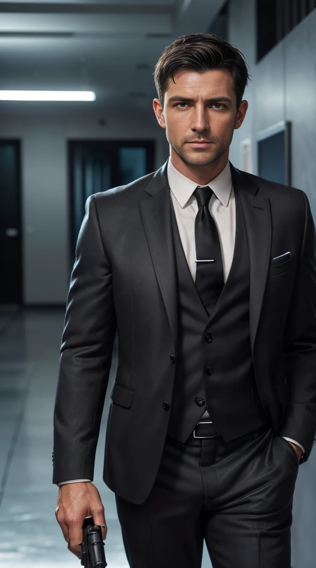 (Highest quality, masterpiece, 8,000 people, Realistic, Cinema Lighting, 1:4 HDR images, Very detailed, Man with a gun, very handsome, ((Cold look)), Black short hair, black eye, A perfect face without a doubt, ((In a suit, chief executive officer)), 