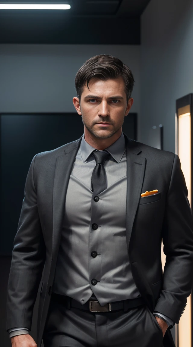 (Highest quality, masterpiece, 8,000 people, Realistic, Cinema Lighting, 1:4 HDR images, Very detailed, Man with a gun, very handsome, ((Cold look)), Black short hair, black eye, A perfect face without a doubt, ((In a suit, chief executive officer)), 