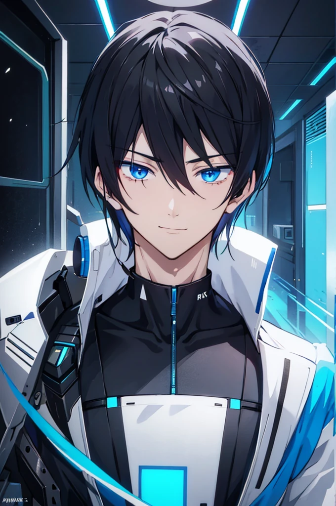 portrait, male, beauty, black hair, blue eyes, cyberpunk, black shirt, white coat, genius, smile, No ear decoration