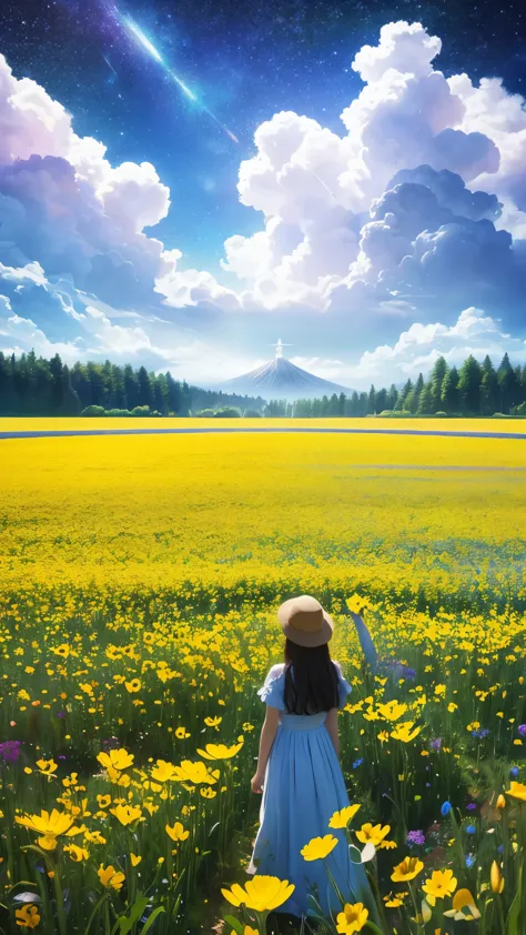 There is a girl Standing in a flower field looking up at the sky, a girl Standing in a flower field, Girl walking in a flower field, I was lost in a dream-like wonderland, Standing in a flower field, Amazing digital painting, The sky gradually cleared, The starry sky is gradually々moving away from  