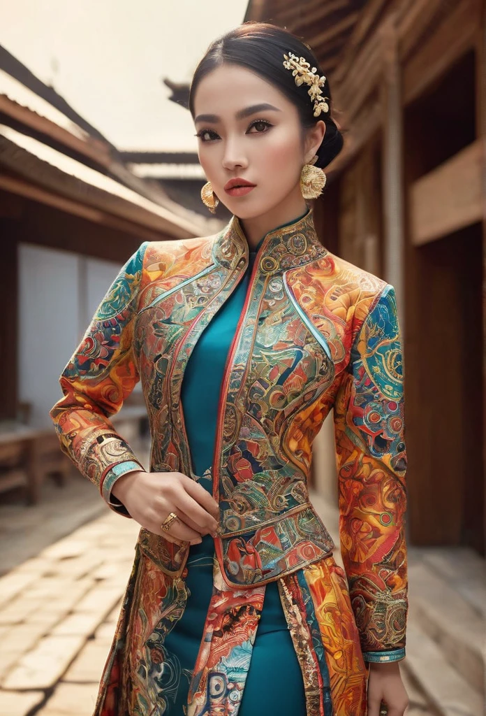 An Indonesian-styled futuristic suit worn by a girl depicting cultural fusion and modern fashion. The suit is adorned with intricate patterns and vibrant colors, showcasing the rich heritage of Indonesia. The girl stands confidently in a dynamic pose, with her detailed eyes reflecting determination and curiosity. The suit's material is a combination of traditional textiles and futuristic synthetic fabrics, giving it a unique and avant-garde appearance. The overall image quality is of the highest standard, with sharp focus and ultra-detailed rendering. The artwork employs physically-based rendering techniques, resulting in realistic lighting and shadows. The colors are vivid and vibrant, capturing the essence of Indonesian cultural aesthetics. The background features a fusion of modern architecture and traditional elements, creating a harmonious blend of the past and the future. The prompt explores the intersection of Indonesian culture, futuristic design, and the artistic representation of a confident girl.