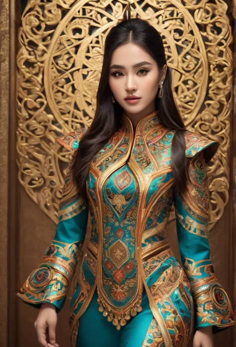 an indonesian-styled futuristic suit worn by a girl depicting cultural fusion and modern fashion. the suit is adorned with intri...