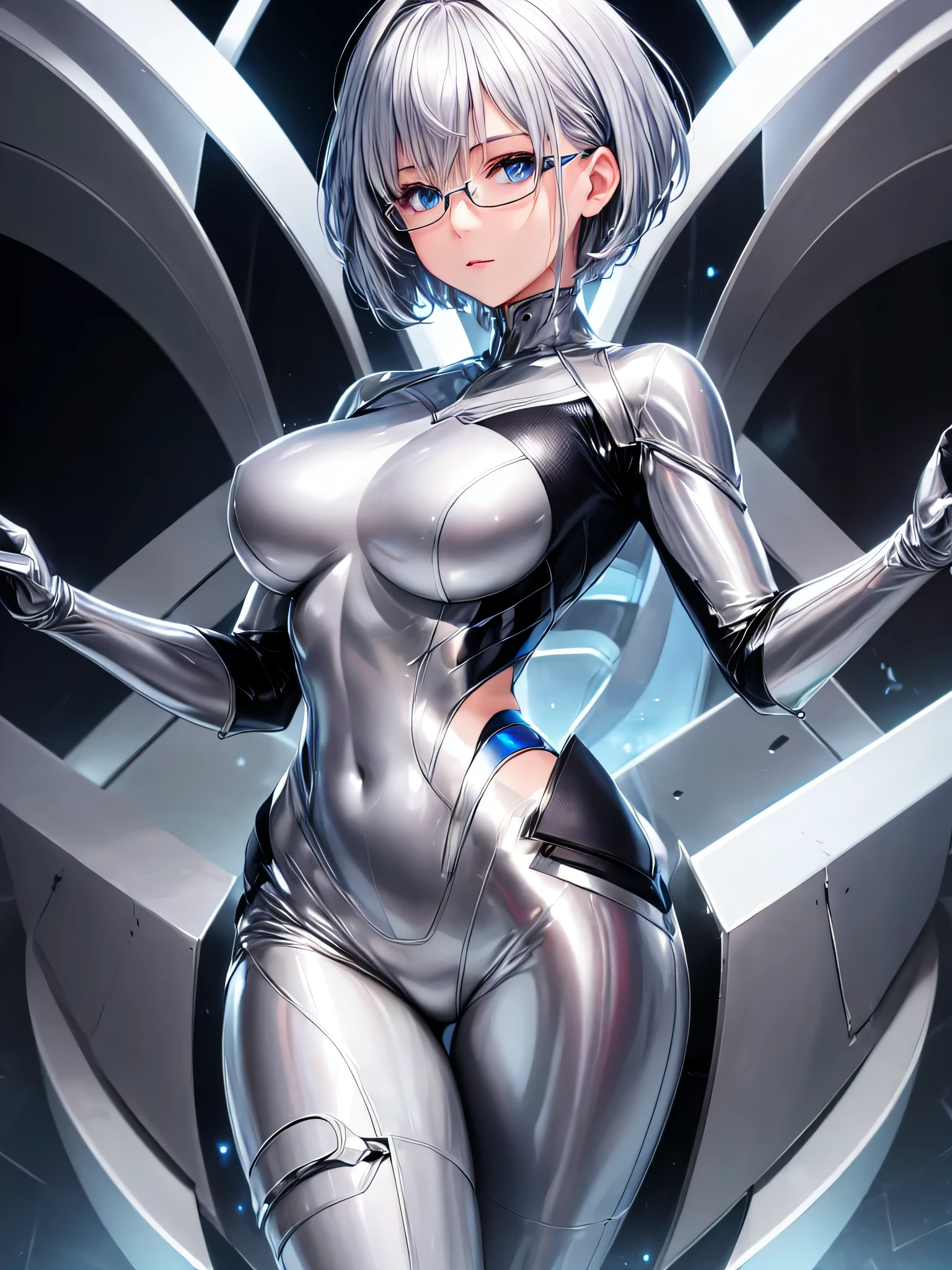 Highest quality 8K UHD、Mastepiece、Close-up、short hair、Blue Eyes、Open legs、Silver Hair、Glasses、A beautiful woman wearing a sleek silver metallic suit、Full body silver metallic rubber suit