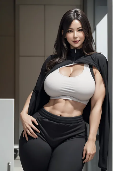 Elegant woman，A perfect and cool face, Large Breasts,Delicate face, Beautiful lips, Surrealism, Reality, woman, Perfect face, Delicate face, 8K picture quality, 4k picture quality, High Detail Skin, Large Breastss, Muscle woman,Abdominal muscles，permanent,, Smile，Black Hair， portrait, whole body, Thick thighs, Thick Arms, Wide hips,Pants, Large Breasts, Huge breasts,180 cm tall，Tall，Fat buttocks，Abdominal muscles，Wearing black tracksuits，30 years old，front，Black sweatpants，Black thick sports vest