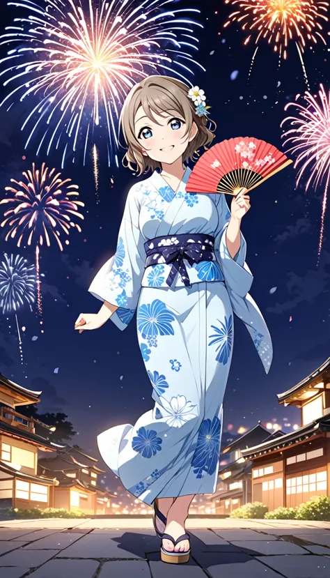 illustrate you watanabe from love live! sunshine!!. she is wearing a light blue yukata with floral patterns, holding a fan in on...