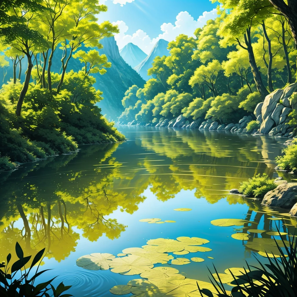 The serene rivers, meandering between the towering mountains and lush forests, flow with a gentle grace. The intricate background rendering of this idyllic scenery is a masterpiece, showcasing every undulating curve and verdant hue in exquisite detail. Under the extreme picture quality, the sun gathers into a massive aperture during the day, casting a warm, golden light that dapples the water's surface and illuminates the clouds in a leisurely, dreamlike fashion. Looking up at the sky, the clouds lazily drift, their edges softened by the soft cinematic light, and the HDR effects creating a striking contrast between light and shadow.