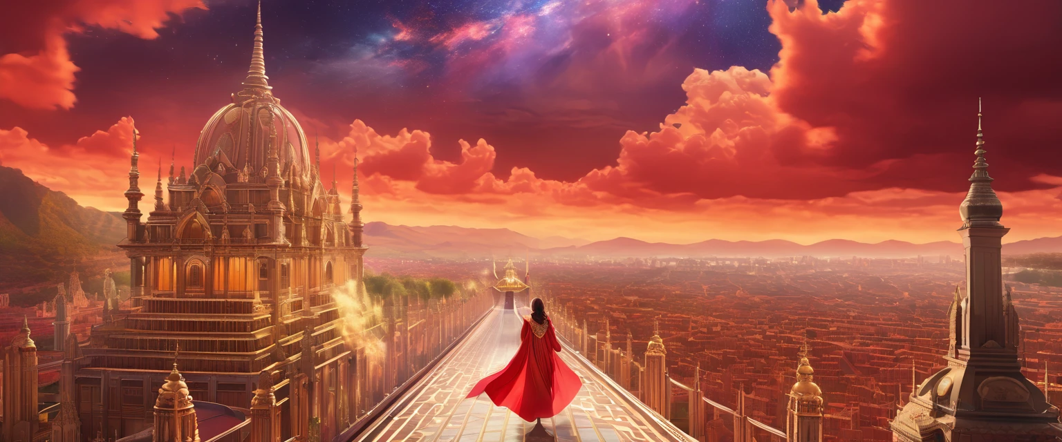 On the left or right side of the picture, the girl is wearing a crimson cloak made of a light material that flutters gently. She stands with a firm and confident gaze, as if she possesses endless power. Her attire highlights her grace and power, and the color of the cloak contrasts with the architecture of the miracle. In the distance behind the girl, a miracle towered high into the sky. The architectural form of these monuments could be magnificent temples, shrines, or other sacred buildings. They loomed grandly, reaching up to the sky and meeting the clouds. Each of the miracles exudes a mysterious glow, symbolizing a connection with the divine and power beyond the earthly realm. The presence of these miracles and the image of them reaching up to the clouds conveys an atmosphere of transcendence, the presence of mystical power and infinite possibilities. Through the three-part composition, the girl, the architecture of the miracles and the elements that reach up to the sky are all given the proper space to be displayed. The power, mystery and elegance of the girl are set off by the miraculous building and the image of the sky in the background, creating an impressive image effect