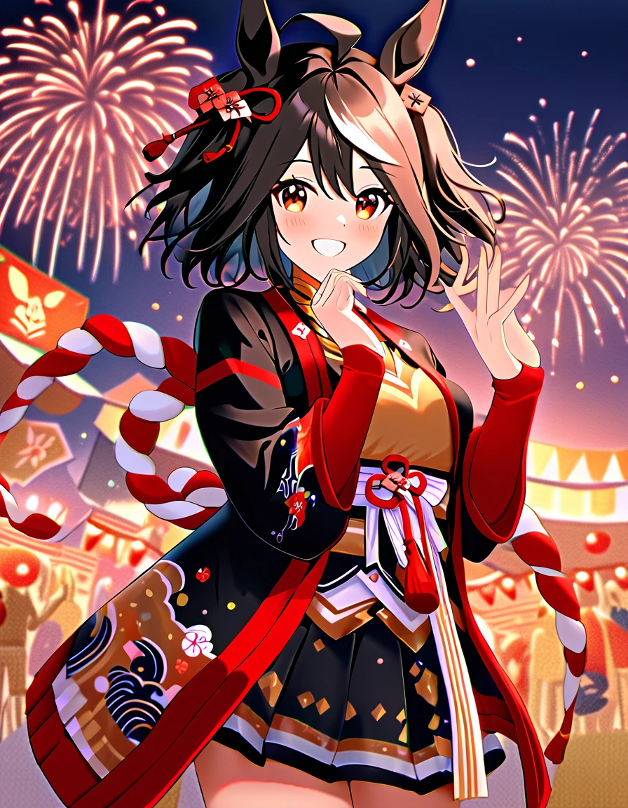 Ultra-high resolution, Highest quality, 8k,Horse Girl,Kitasan Black,162 cm,Bust 85,Waist 56,Hip 88,Festivals,firework,A happy smile,Cute pose,Five fingers on a hand,Beautiful hands