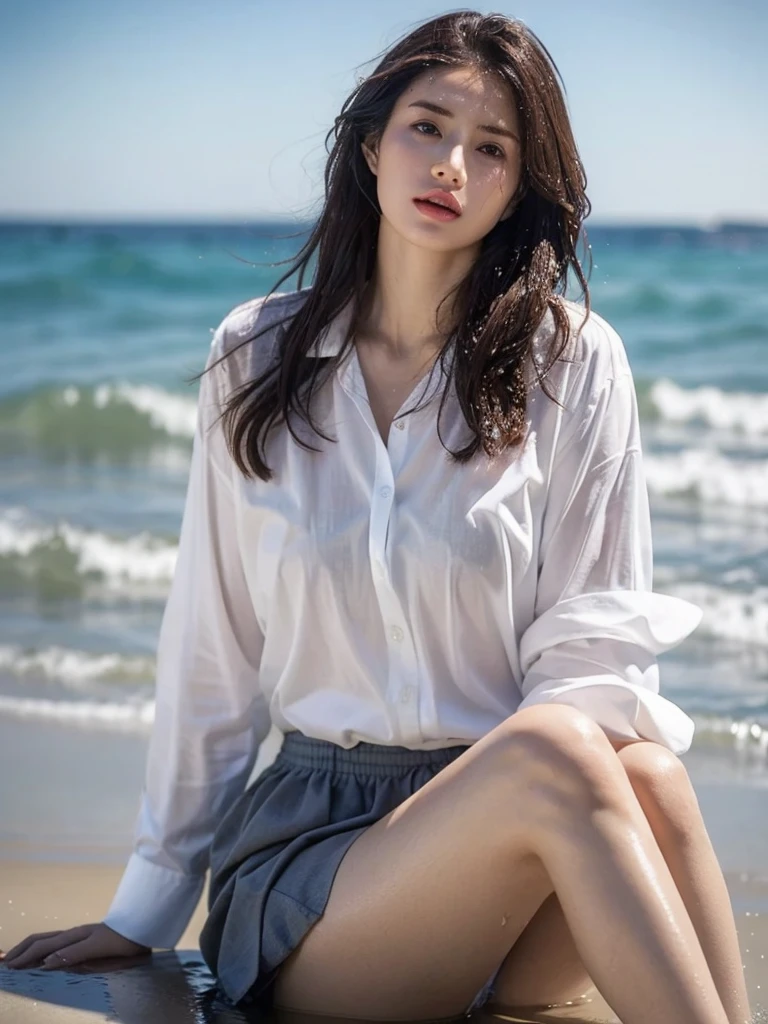 (Gray background、pubic hair、Large Breasts、Thighs、(((Glaring)))、Curly Hair、Disheveled Hair、Cute woman、high school girl、White shirt、Navy frill mile、Open chest shirt、A wet shirt with underwear showing through、Wet Hair、Gazing at the sea、