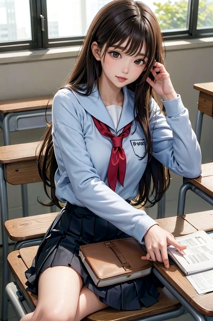 ((masterpiece, Highest quality)),Best aesthetics,One girl, , machine, Sitting, school machine, Brown Hair, classroom, Long Hair, indoor, Chair, View your viewers, :p, Focus Only, Brown eyes, skirt, Long sleeve, pencil, 1 boy, pencil case, paper, Seraph of the Black, Multiple Girls, pleated skirt, Sailor collar, bangs, Headrest, school bag, school Chair