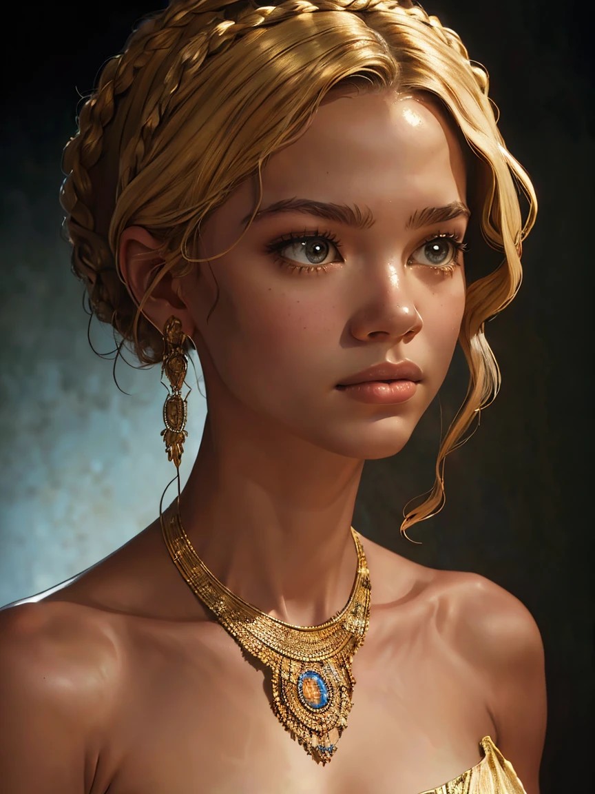 realistic fantasy portrait,1girl,standing pose,short unkempt hair,nude,based on Zendaya,detailed facial features,beautiful eyes,high quality details,masterpiece,photorealistic,ultra-detailed,highly detailed,vivid colors,dramatic lighting,warm color palette,chiaroscuro lighting,dramatic shadows,detailed jewelry,cinematic composition,elegant pose,proud expression,naturalistic skin tones