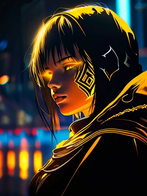 (silhouette), (side view), portrait of 1knight with glowing runic tattoos on her face, anime style, wearing a hooded cape, drama...