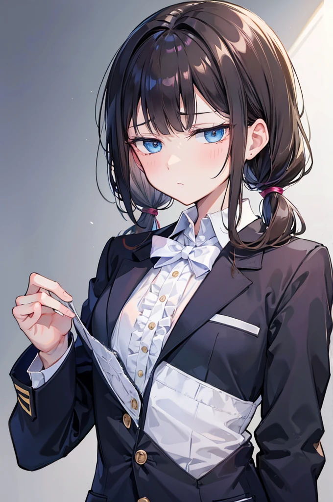 dark brown hair, short twintail, portrait, a cute girl, reticence, blue eyes, disinterest, small breasts, Bored look, Bangs Garma, frill shirt, black tie, blazer