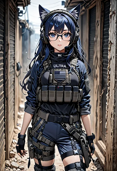 8k ultra high-quality, ultra-detailed, high quality, dark blue hair, long hair, headset, goggles, cat girl, grey tactical clothe...