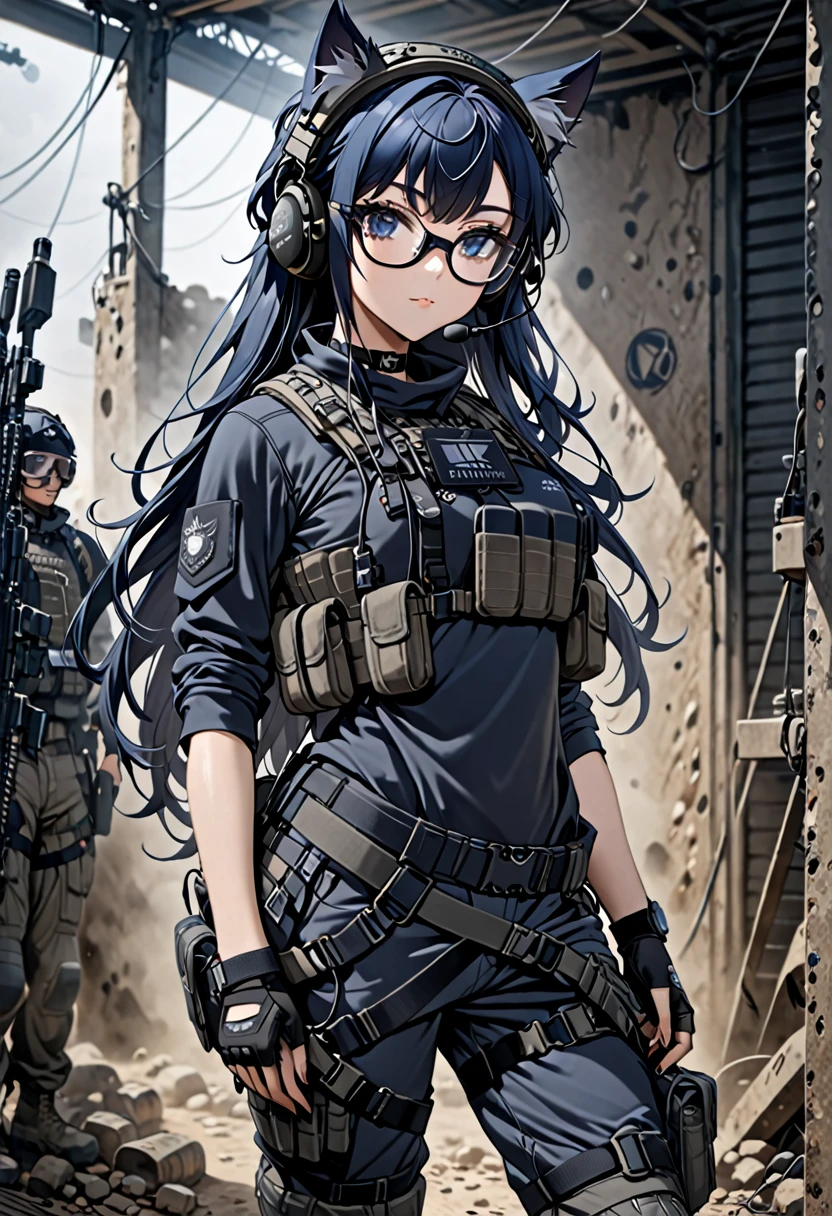 8K Ultra High-Quality, ultra-detailed, High quality, Dark Blue hair, Long hair, Headset, Goggles, cat girl, Grey Tactical clothes, Military clothes, black tight t shirt, body harness, Looking at viewer, choker, glasses, full body