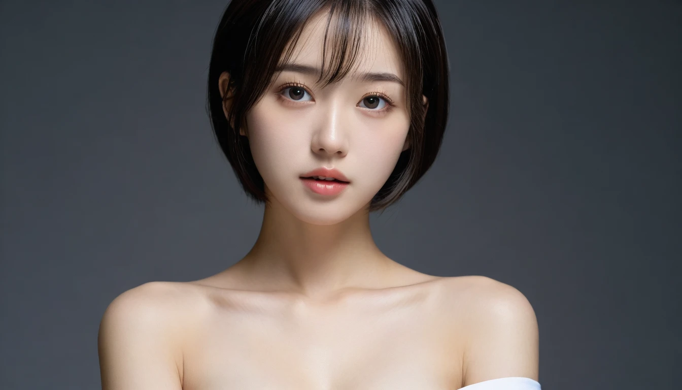 8k, Ultra-high resolution, Highest quality, masterpiece, Rule of thirds photograph,surreal, photograph, 1 Girl, (:1.3), pretty girl, Cute Face, Beautiful eyes in every detail, Detailed,masterpiece,One Girl:1.2, Japan Female Announcer,extream close up,sad,streaming tears,Black short hair,Messy hair,(black suit:1.3),Nun's clothing,(Impressionist Portrait of a Beautiful Girl), (Gray background:1.3),(Impressionist light and colour),prayer,Realistic Skin, Perfect and beautiful face ,Perfect and cute face, Skin with attention to detail, Perfect limbs、Narrow waist,Looking at the audience、beauty,Long neck,clavicle,(((Ideal body type))),A cup small breasts :2,Portraiture:2,Perfect Anatomy,Vividly detailed,detailed,surreal,Light and shadow,spotlight