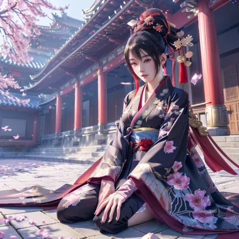 anime girl in kimono outfit sitting on the ground in front of a building, anime style 4 k, palace ， a girl in hanfu, onmyoji det...