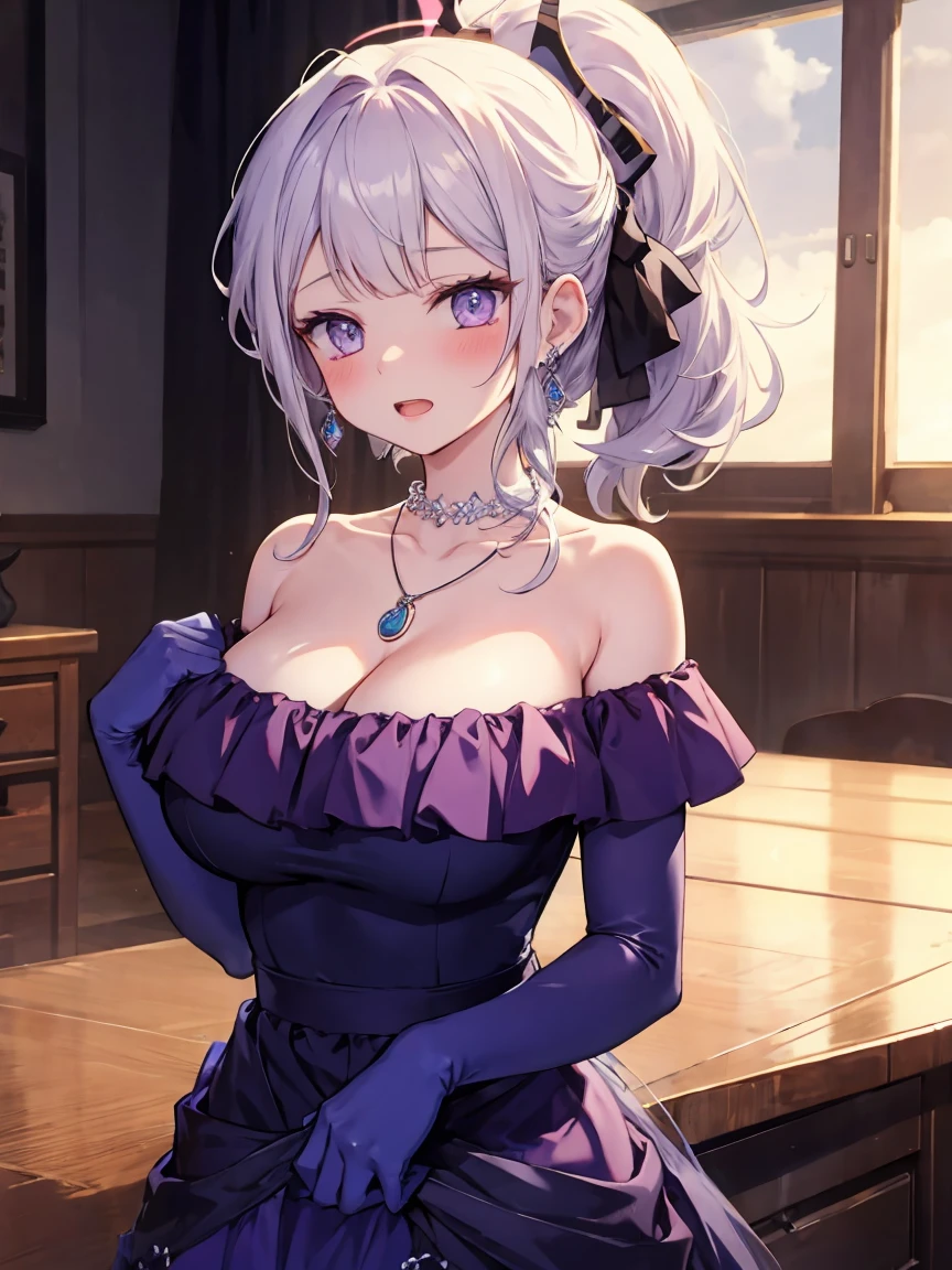 masterpiece,best quality,other, 1 Girl, Solitary, Looking at the audience, blush, open mouth, partedbangs, Hair accessories, Side lock, Ponytail, Elbow gloves, Off-shoulder dress, Halo, **Shoulder, Necklace, necklace, earrings, Alternative clothing, （Huge breasts:1.5）