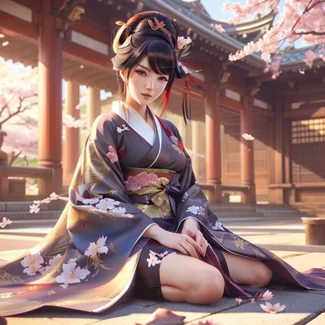 anime girl in kimono outfit sitting on the ground with cherry blossoms, extremely detailed artgerm, ig model | artgerm, style ar...