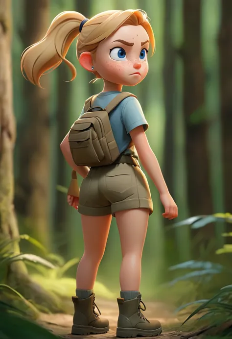 childish, thin, freckled, blonde, girl, ponytail hairstyle, wide forehead, blue eyes, flat chest, pert butt, beige t-shirt, camo...