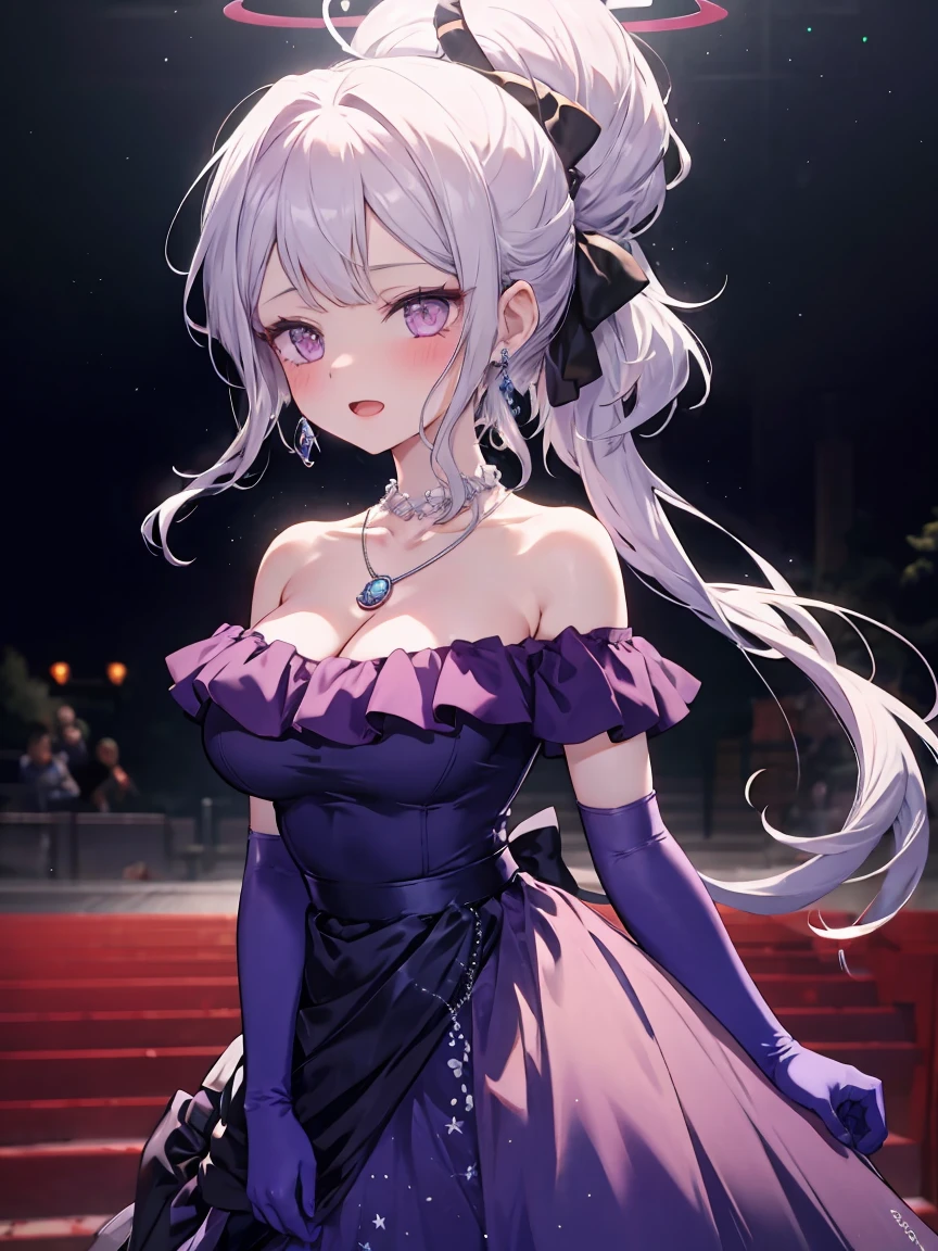 masterpiece,best quality,other, 1 Girl, Solitary, Looking at the audience, blush, open mouth, partedbangs, Hair accessories, Side lock, Ponytail, Elbow gloves, Off-shoulder dress, Halo, **Shoulder, Necklace, necklace, earrings, Alternative clothing, （Huge breasts:1.55），（Exposing breasts:1.5）