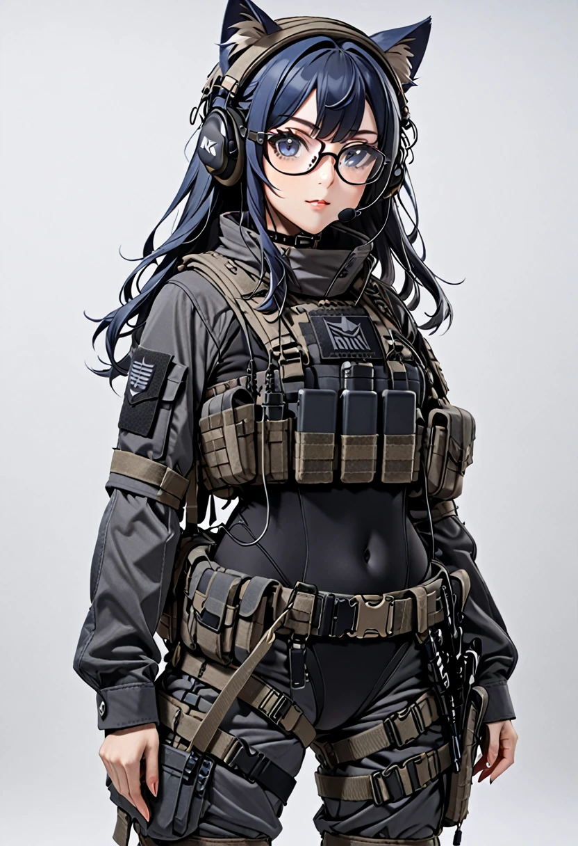 8K Ultra High-Quality, ultra-detailed, High quality, Dark Blue hair, Long hair, Headset, Goggles, cat girl, Grey Tactical clothes, Military clothes, black leotard under clothes, body harness, Looking at viewer, choker, glasses, full body