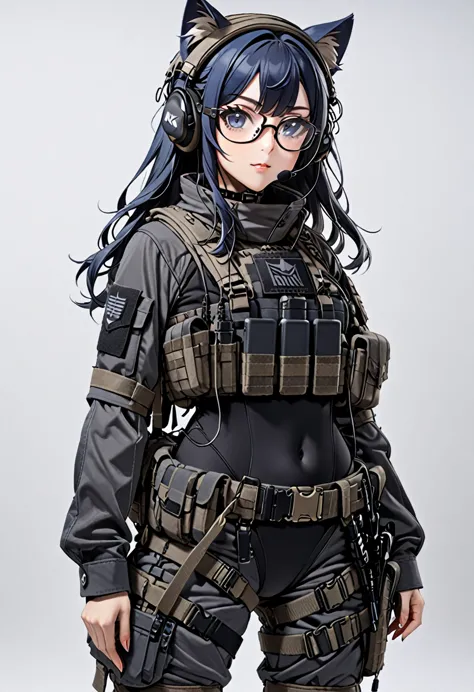 8k ultra high-quality, ultra-detailed, high quality, dark blue hair, long hair, headset, goggles, cat girl, grey tactical clothe...