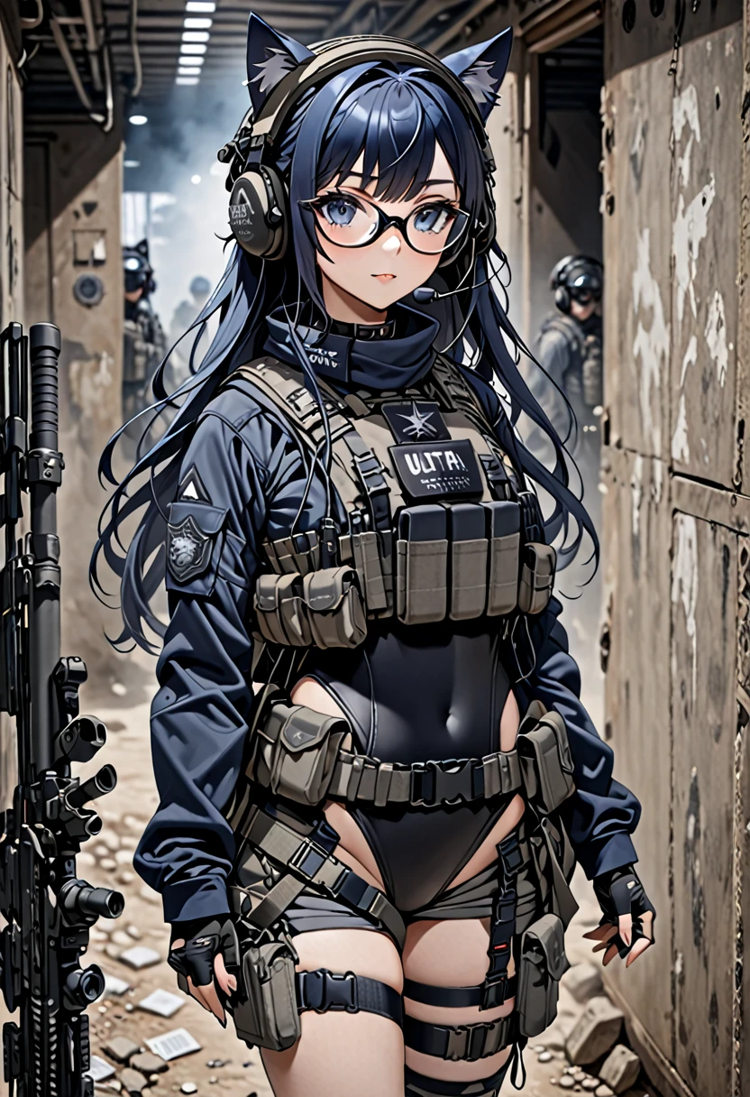 8K Ultra High-Quality, ultra-detailed, High quality, Dark Blue hair, Long hair, Headset, Goggles, cat girl, Grey Tactical clothes, Military clothes, black leotard under clothes, body harness, Looking at viewer, choker, glasses, full body