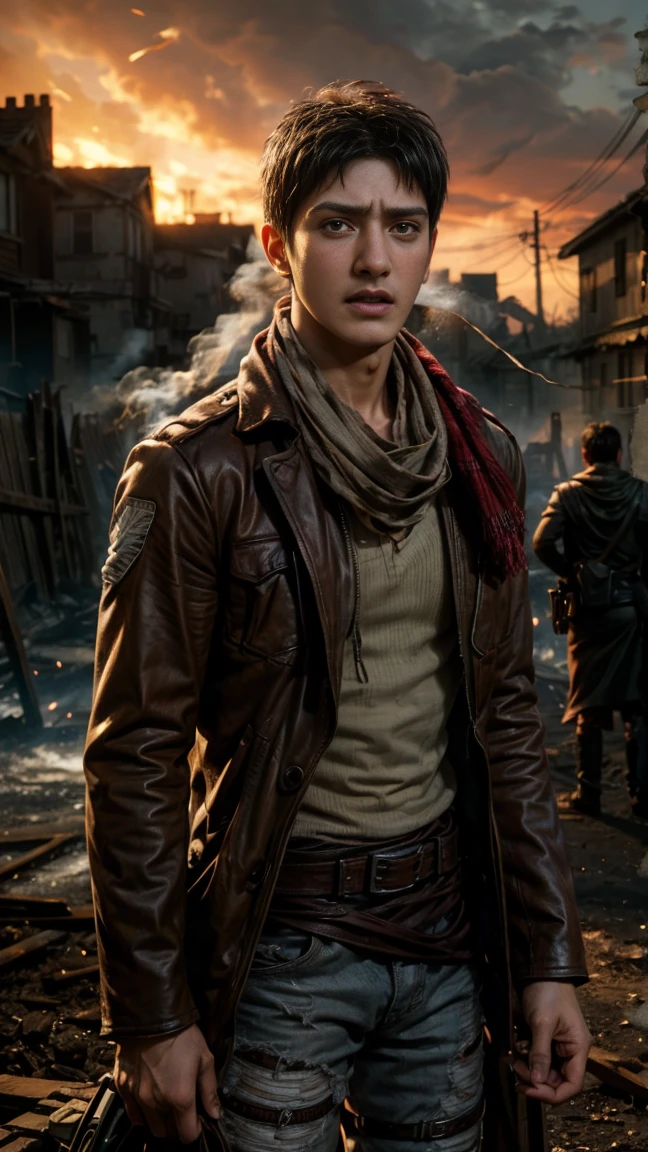 (masterpiece), (hyper realistic), Mahesh Babu from Attack on Titan, survey corps uniform, maroon scarf around the neck, sad pose, dinamic lighting, fire, traces of blood on clothes and face, burning houses in the background, smoke, Rain