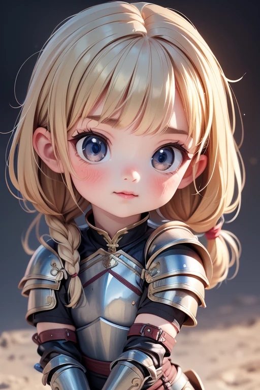 Highest quality、High resolution、Detailed Background、Ultra-realistic girl 8 years old, body , Very short stature，Thin thighs，Long blonde hair with braided bangs , Medieval knight armor , Flat Chest , Silver Bikini Armor，panties , Garter belt long socks , Menacing face , sexy , Dungeons .