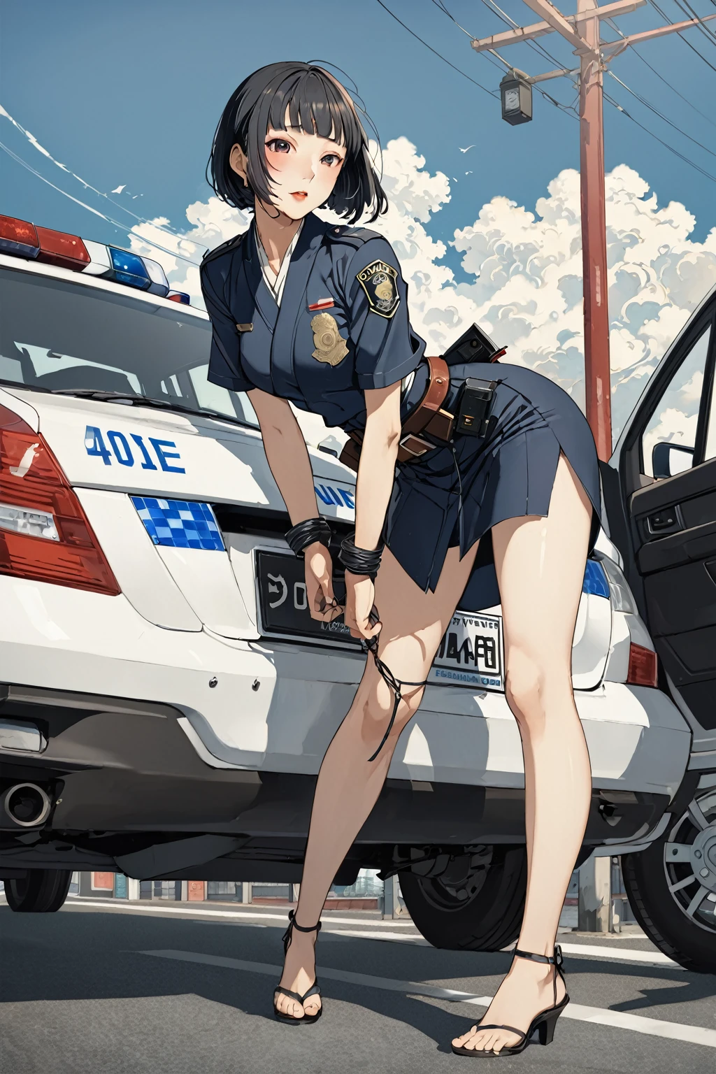 masterpiece, amazing quality, best quality, high resolution, 4K, 8K, UHD, 
Ukiyoe art styles, by rella, by Yoneyama Mai, by Tsukimaro
1 Asian woman, bending over police vehicle, handcuffed behind back
