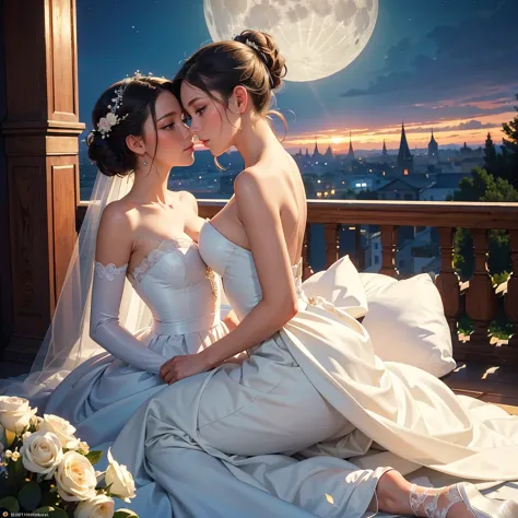 (masterpiece, highest quality, official art, beauty and aesthetic:1.5), perfect anatomy, two stunning bride is deeply in love wi...