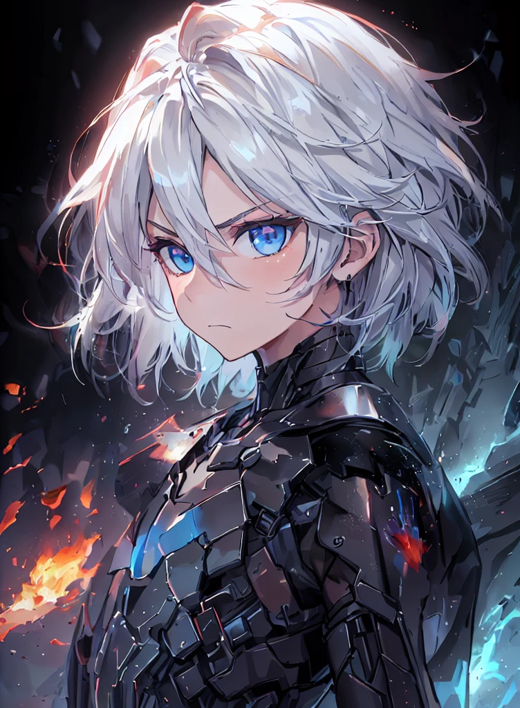 masterpiece, best quality, (detailed anime, video game art, extremely detailed CG unity 8k wallpaper), (best quality), (best illustration), (best shadow), absurdres, realistic lighting, (Abyss), beautiful detailed glow, (anime, solo, adult, mature, 1male, portrait:1.32), (bright blue eyes, white hair, gray hair:1.44), mouthpiece, astolfo, soft, armour, bodyarmour, high tech, science fichtion, expressionless, killer, blood, deathtrooper suit, looking at viewer, side view, glaring, fire, flames, dynamic pose, battle, warfare, frowning, (flat chest:1.6)