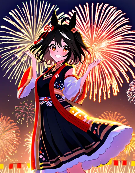 ultra-high resolution, highest quality, 8k,horse girl,kitasan black,162 cm,bust 85,waist 56,hip 88,festivals,firework,a happy sm...