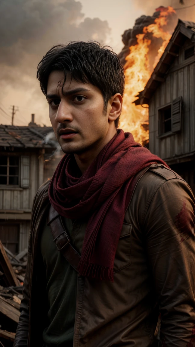 (masterpiece), (hyper realistic), Indian actor Mahesh Babu with beard as a character from Attack on Titan, survey corps uniform, maroon scarf around the neck, sad pose, dinamic lighting, fire, traces of blood on clothes and face, burning houses in the background, smoke, Rain