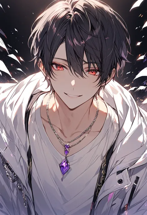 good looking, alone, 1 male, short hair, Black Hair, Red eyes, White shirt, White coat,Smile Facial, Purple Necklace