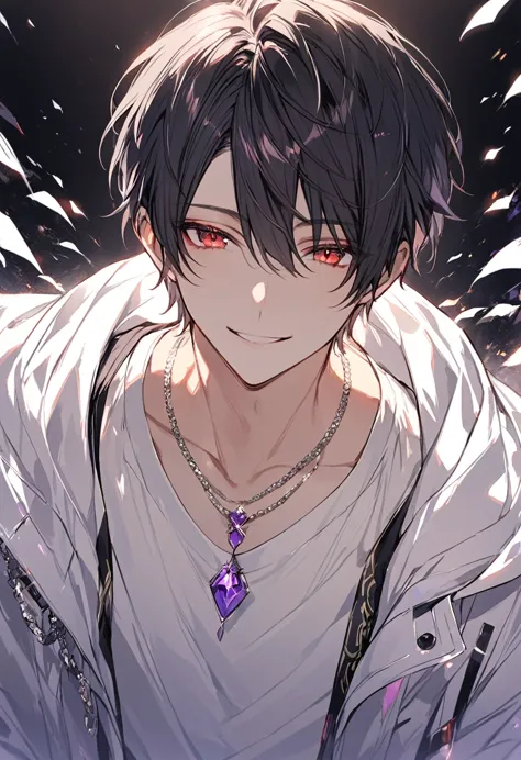 good looking, alone, 1 male, short hair, black hair, red eyes, white shirt, white coat,smile facial, purple necklace