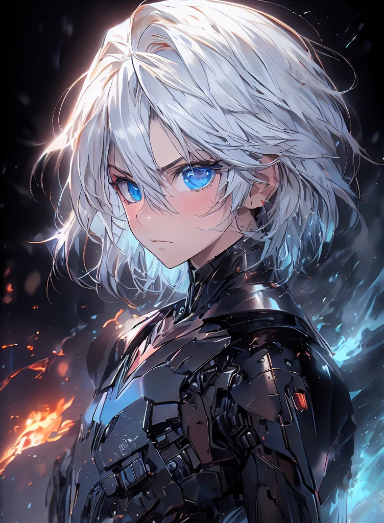 masterpiece, best quality, (detailed anime, video game art, extremely detailed CG unity 8k wallpaper), (best quality), (best illustration), (best shadow), absurdres, realistic lighting, (Abyss), beautiful detailed glow, (anime, solo, adult, mature, 1male, portrait:1.32), (bright blue eyes, white hair, gray hair:1.44), mouthpiece, astolfo, soft, armour, bodyarmour, high tech, science fichtion, expressionless, killer, blood, deathtrooper suit, looking at viewer, side view, glaring, fire, flames, dynamic pose, battle, warfare, frowning, (flat chest:1.6)