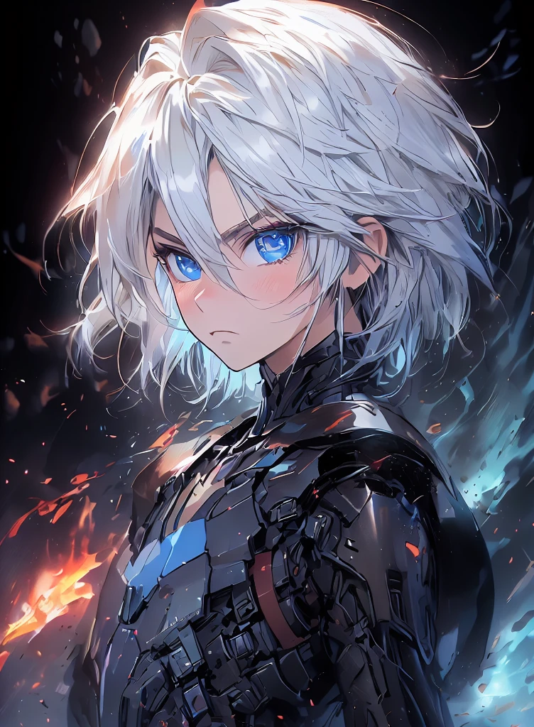 masterpiece, best quality, (detailed anime, video game art, extremely detailed CG unity 8k wallpaper), (best quality), (best illustration), (best shadow), absurdres, realistic lighting, (Abyss), beautiful detailed glow, (anime, solo, adult, mature, 1male, portrait:1.32), (bright blue eyes, white hair, gray hair:1.44), mouthpiece, astolfo, soft, armour, bodyarmour, high tech, science fichtion, expressionless, killer, blood, deathtrooper suit, looking at viewer, side view, glaring, fire, flames, dynamic pose, battle, warfare, frowning, (flat chest:1.6)