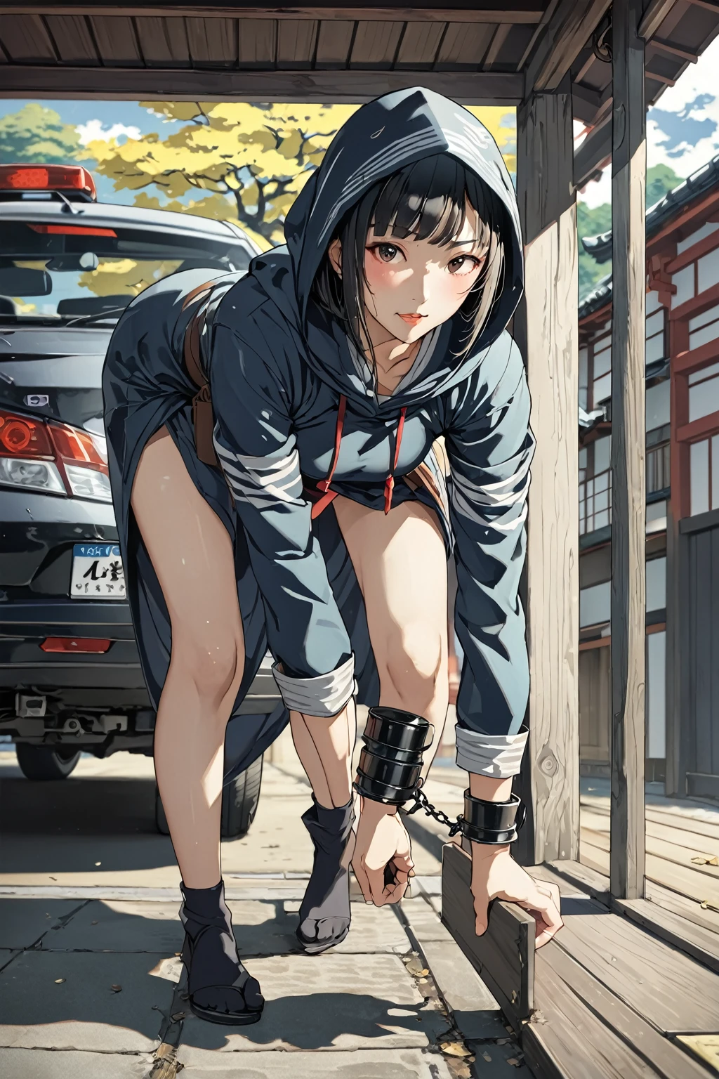 masterpiece, amazing quality, best quality, high resolution, 4K, 8K, UHD, Ukiyoe art styles, by rella, by Yoneyama Mai, by Tsukimaro 1 upset Asian woman, under arrest, handcuffed, bent over vehicle hood