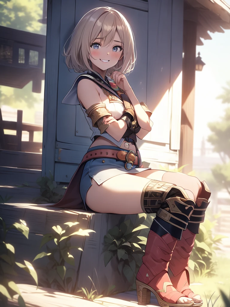 masterpiece, best quality, absurdres, perfect anatomy, (1girl, solo), Ashelia, short hair, AsheliaOutfit, miniskirt, thighhighs, jewelry, belt, standing, cowboy shot, smile, dynamic pose, dynamic angle, outdoors, plains, hills, (sitting, spreading legs by hands), spread crotch by hands, spread_pussy, (spreading pussy by hands)