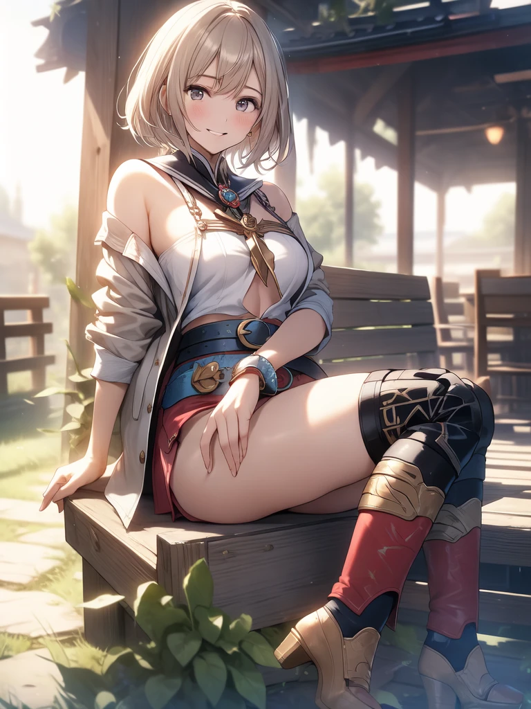 masterpiece, best quality, absurdres, perfect anatomy, (1girl, solo), Ashelia, short hair, AsheliaOutfit, miniskirt, thighhighs, jewelry, belt, standing, cowboy shot, smile, dynamic pose, dynamic angle, outdoors, plains, hills, (sitting, spreading legs by hands), spread crotch by hands, spread_pussy, (spreading pussy by hands)