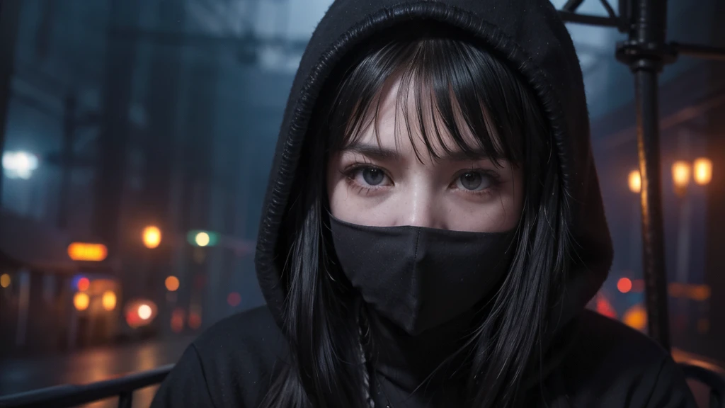  1 women in loose, lightweight black clothing, wearing a prominently visible balaclava, hanging by one hand from a track above a rusted roller coaster car, broken tracks and overgrown weeds, eerie atmosphere, sense of mystery and solitude, suspenseful mood, close-up shot from the car, shallow depth of field, soft, diffused lighting. Dark atmosfer.mask in face.8k