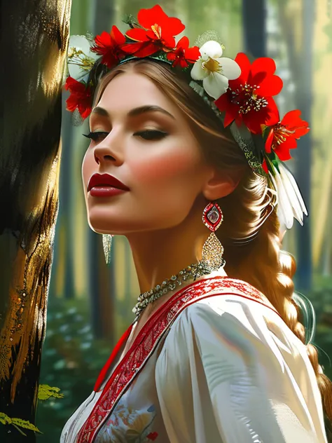 vintage poster of a beautiful slavic woman’s face in traditional slavic costume, flower crown, dancing in the forest, realistic ...