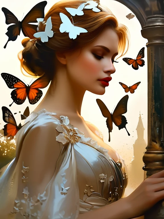 mj, RTX, 4k, HDR, Anna Razumovskaya, Casey Baugh, Antonio Mora, Aminola Rezai, Giovanni Boldini, art, realistic art.silhouette of a woman surrounded by butterflies, trending on pixabay, beautiful dress, cute artwork, cinderella, beautiful shapes, polishing, outdoors, great photo on Pinterest, stencil, scales, white background, symbols, painting in the style of Anders Zorn, Alexi Brilo, Luisa Royo, Studio Ghibli Genshin Impact