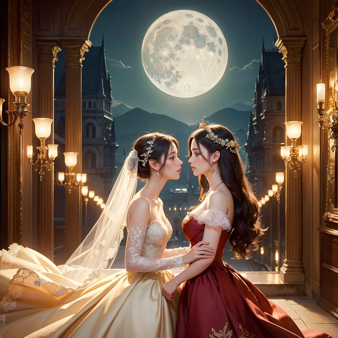 (masterpiece, highest quality, official art, beauty and aesthetic:1.5), perfect anatomy, two stunning bride is deeply in love with each other, kiss, romantic atmosphere, flower and moon, magnificent panorama view