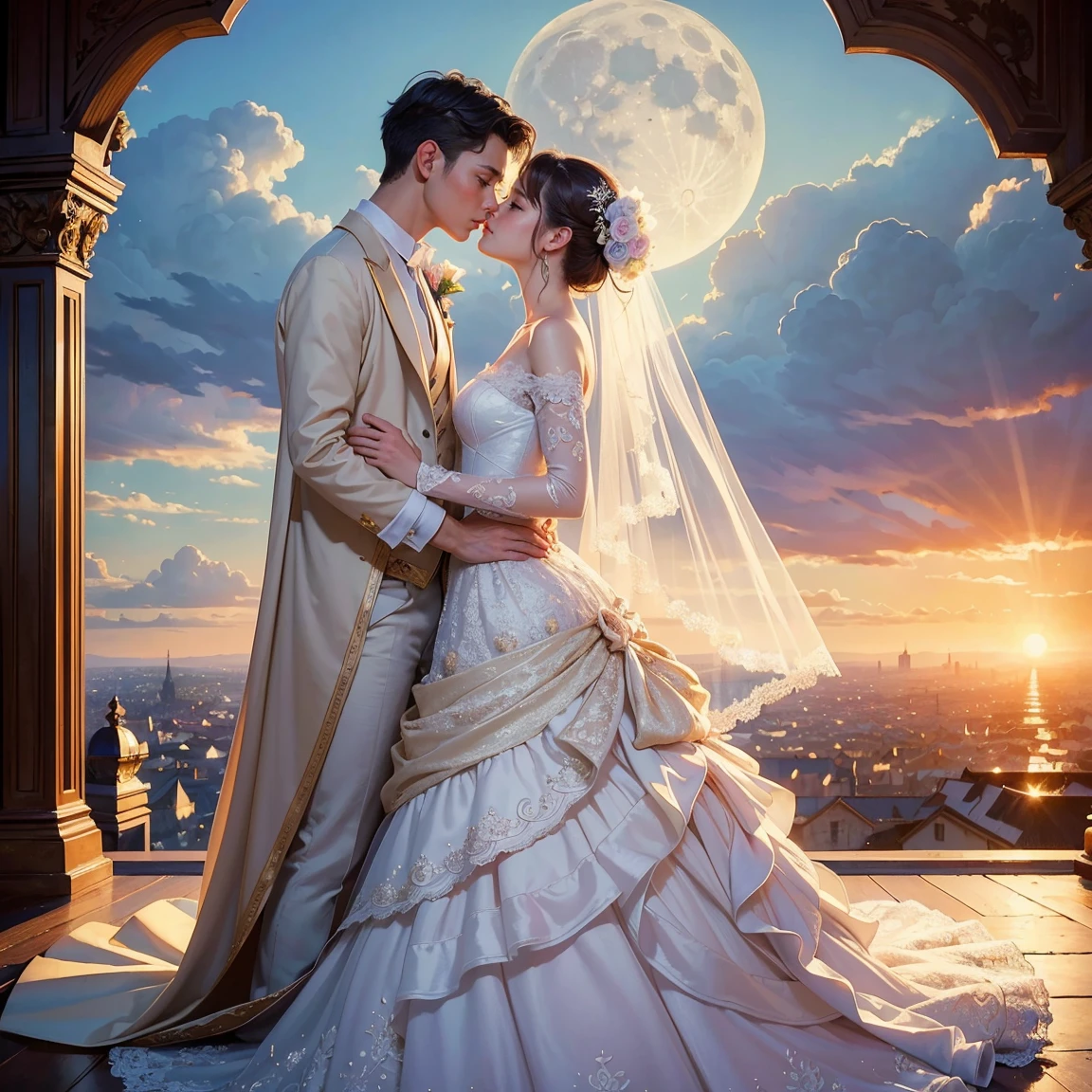 (masterpiece, highest quality, official art, beauty and aesthetic:1.5), perfect anatomy, two stunning bride is deeply in love with each other, kiss, romantic atmosphere, flower and moon, magnificent panorama view