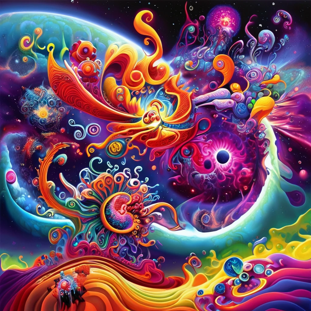 Psychedelic-style nano-infused mutants, Mutants with nanobots integrating into their bodies, Granting Extraordinary Abilities, a dark nebula in the background, . swirly vibrant colors, swirl patterns, abstract shapes, surreal, mind blowing